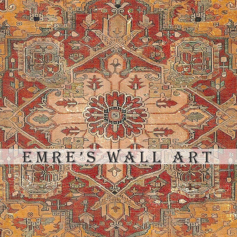 May include: A vintage rug with a red, orange, and beige colour scheme. The rug features a complex geometric pattern with intricate details. The text "EMRE'S WALL ART" is printed across the bottom of the rug.