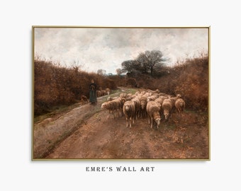 May include: A framed print of a pastoral scene featuring a shepherdess and a flock of sheep on a dirt path. The artwork has a muted color palette with brown, beige, and green tones. The text "EMRE'S WALL ART" is at the bottom.