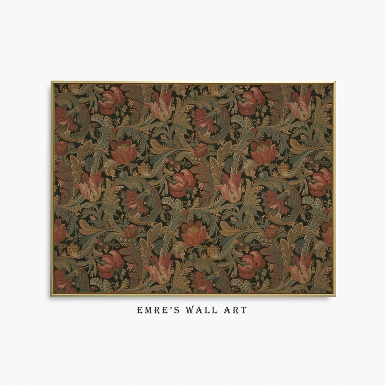 Antique rustic floral textile pattern featuring detailed vintage fabric textures and classic floral motifs. The design showcases flowing botanical elements in soft earthy tones, inspired by traditional cottage interiors and antique textiles. Aged fabric appearance and ornamental floral details create a timeless decorative look. Ideal as vintage textile wall decor with a warm rustic character, presented as a high-resolution digital print.
