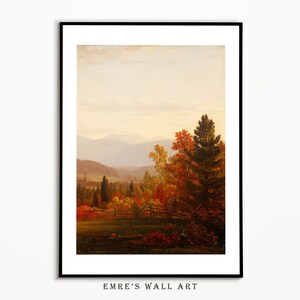May include: A painting of a landscape with a forest in the foreground and mountains in the background. The trees are mostly green, but some are turning red and orange. The sky is a light blue with some clouds.