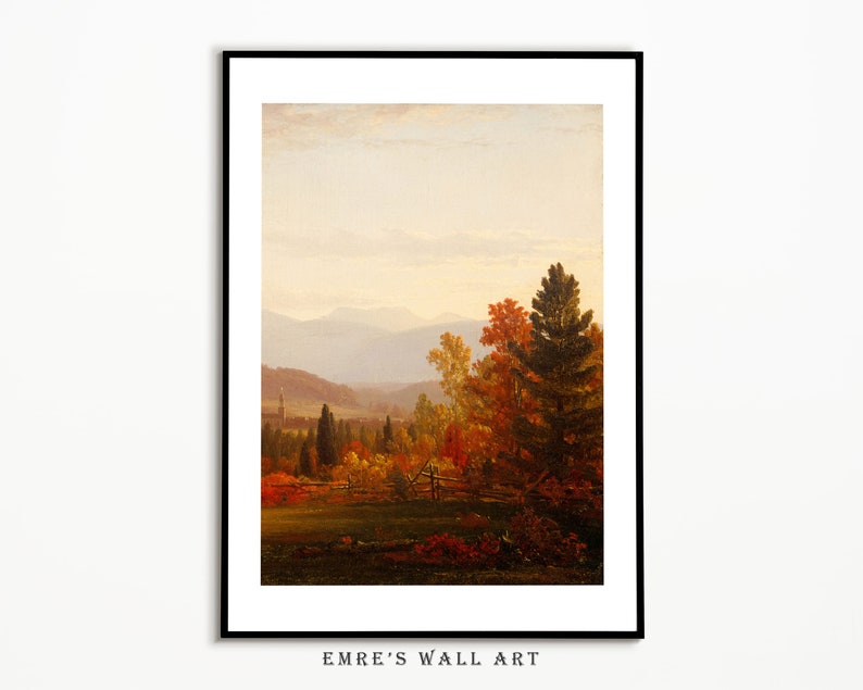 May include: A painting of a landscape with a forest in the foreground and mountains in the background. The trees are mostly green, but some are turning red and orange. The sky is a light blue with some clouds.