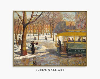 Vintage Winter Cityscape Painting Print: Snowy Christmas Street Scene Wall Art (Digital Download