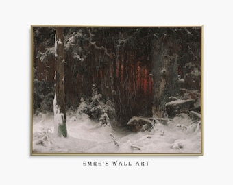 Impresión vintage de paisaje invernal: pintura al óleo de bosque nevado (descarga digital)