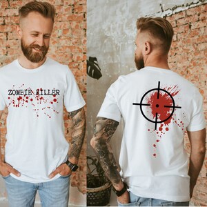 Camiseta unissex ZOMBIE KILLER - zumbis, camiseta obcecada por zumbis, camiseta matando, camiseta de terror, camiseta de terror zumbi, filmes de zumbi, filmes de terror