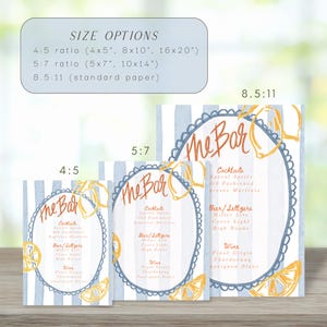 May include: Three printable bar menu designs with a blue and white striped background. The menus feature a lemon illustration and the text "The Bar" in orange. The menu options include cocktails, beer and wine.