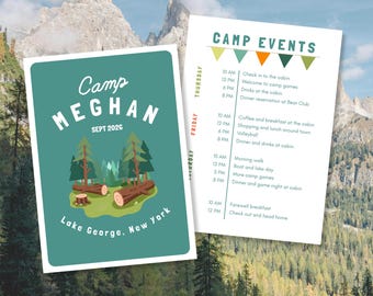 May include: Two-page camp itinerary and invitation. The teal invitation features the text "Camp Meghan" and "Lake George, New York" with illustrations of trees and logs. The itinerary lists daily camp events.
