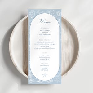 Plantilla de Canva para menú costero / Menú para boda o despedida de soltera inspirado en conchas marinas de playa / De una o dos caras
