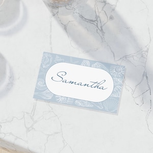 Tarjetas de lugar con nombre costero / Tarjetas de lugar para despedidas de soltera, bodas y cenas / Plantilla Canva / Opción plana o plegada / Boda en la playa costera