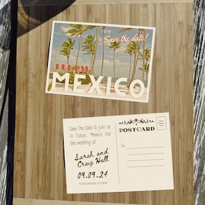 Retro Postkarte Save the Date | Hochzeit in Ihrer Hochzeit Save the Date | Vintage Doppelseitige anpassbare Canva-Vorlage
