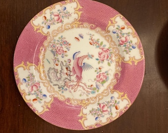 Minton "Cockatrice" pattern pink porcelain 7.5” salad plate.