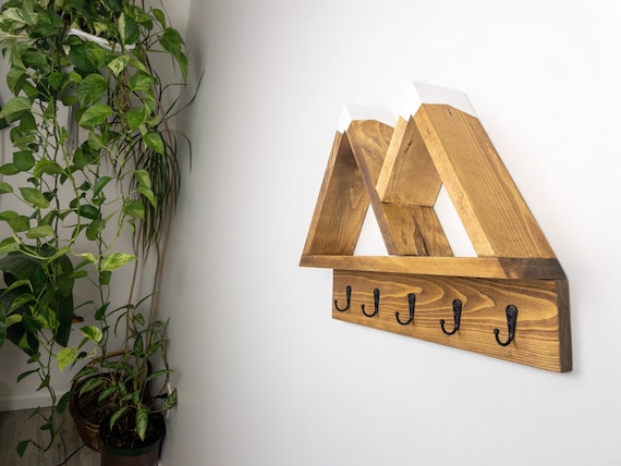 2 Peak Mountain Shelf With Hooks Rustic Decor Adventure Decor Etsy