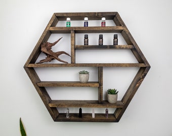 Large Essential Oil Shelf - Honeycomb Wall Shelf - 28"x 24.2" - Crystal display shelf. Floating hexagon shelf with optional drawer.