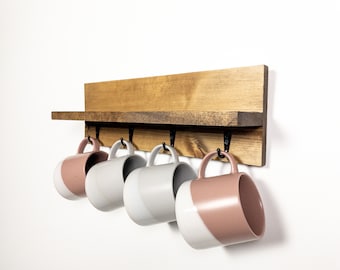 Handmade Knotty Pine Coffee Mug Rack with Shelf