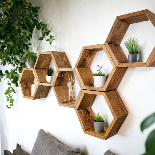 Set of 6 Handmade Hexagon Shelves: Honeycomb Wall Decor
