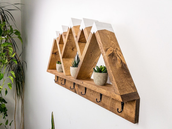 5 Peak Mountain Shelf With Hooks Rustic Decor Adventure Decor Etsy Canada
