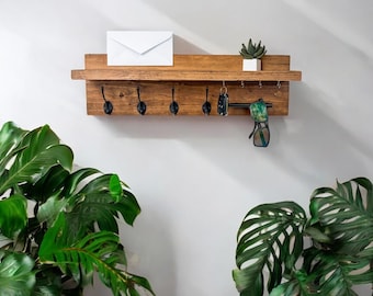 Wood Key Rack with Mail & Sunglass Holder – 24” Entryway Organizer with Hooks