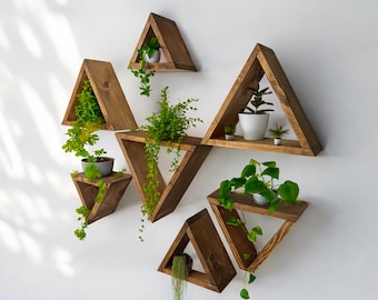 Geometric Triangle Wall Shelves: Set of 7 Wood Floating Shelves