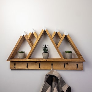 5 Peak Mountain Shelf with Hooks - Rustic Decor - Adventure Decor