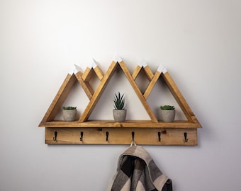 5 Peak Mountain Shelf with Hooks - Rustic Decor - Adventure Decor