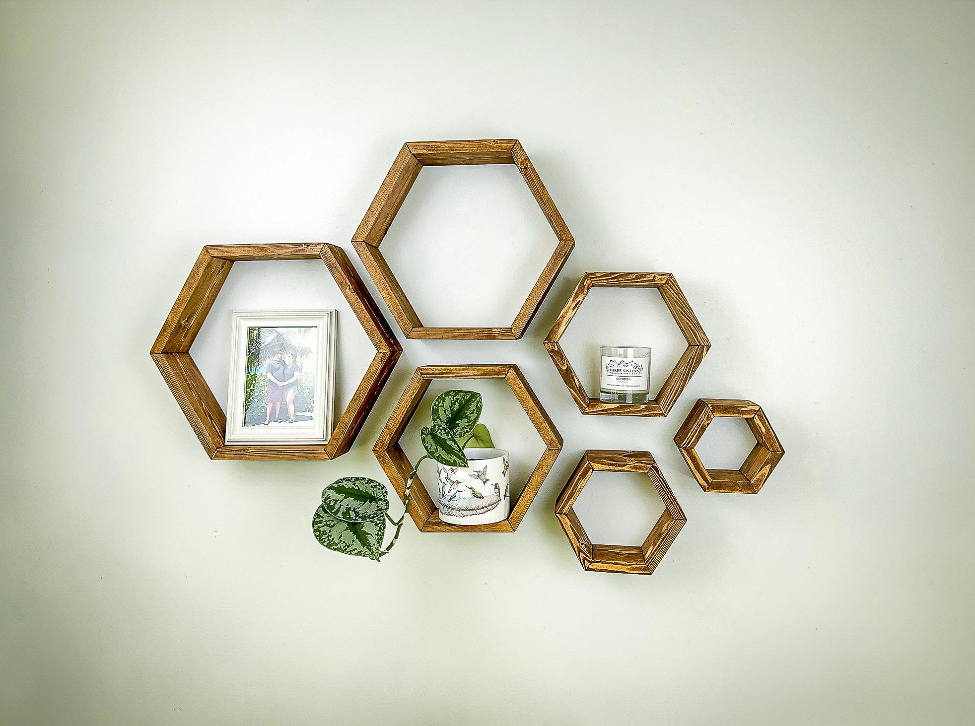 Set Di 6 Mensole Esagonali Sospese In Legno – Design A Nido D'Ape, Marrone Chiaro, Per Soggiorno, Ufficio E Camera