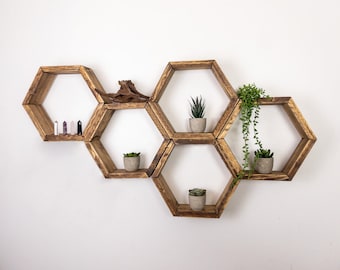 Set of 5 Knotty Pine Hexagon Shelves: Honeycomb Wall Decor