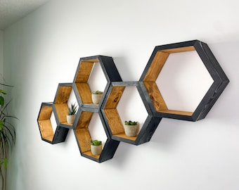 Set of 6 Two-Tone Hexagon Shelves: Honeycomb Wall Decor