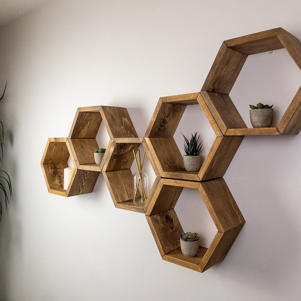 Set of 6 Hexagon Shelves, 5.5" Wide Hexagons Shelves, Honeycomb Shelves, Plant Shelves, Wall Decor