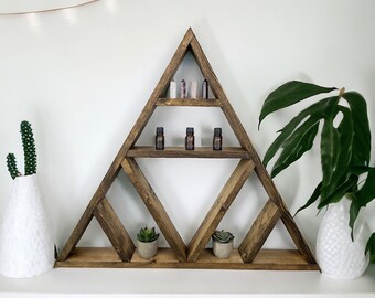 Large Triangle Essential Oil Shelf: Rustic Crystal Altar Display (26x30)