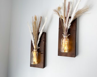 Rustic Wood Farmhouse Sconces, Light Up Sconces, Wood Wall Sconces, Farmhouse Wall Decor, Propagation Wall, Set of 2, Boho Wall Sconce