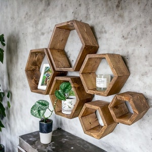Pflanzenregale, Holzregale, 6er-Set Wabenregale, sechseckige schwebende Regale, sechseckige hängende Holzregale, Bauernhausregale