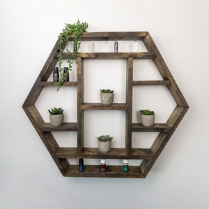 Large Hexagon Wall Shelf - 28&quot;x 24.2&quot; - Essential Oil Shelf -  Crystal display shelf. Floating hexagon shelf with optional drawer.