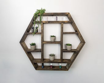 Large Knotty Pine Hexagon Shelf: Essential Oil & Crystal Display