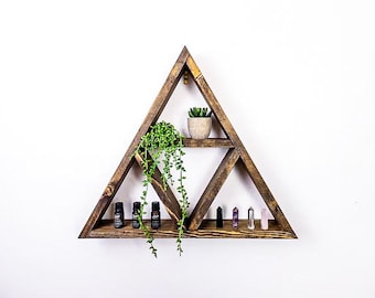 Triangle Crystal Shelf: Knotty Pine Essential Oil Display (21")