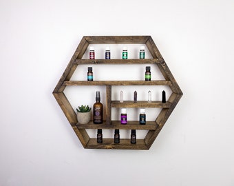 Rustic Knotty Pine Hexagon Shelf: Essential Oil & Crystal Display