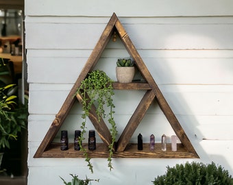 Wood Triangle Shelf: Geometric Crystal Altar, Essential Oil Display (21" x 21")