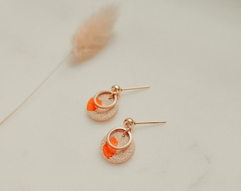 JEN Polymer Clay Ball Studs, Handmade, Statement Earrings, Orange, Beige, Gold, 1 Pair