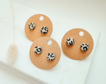 BLACK LEO Leopard Polymer Clay Stud Earrings, Handmade, Hypoallergenic, Statement Earrings, Beige, Black, 1 Pair