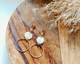 STELLA Beige/Black Gold Circle Ball, Polymer Clay Earrings, Studs, Minimalist, Handmade, Hypoallergenic, Statement Earrings, 1 Pair