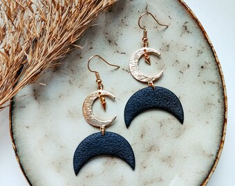 MOON GODDESS Pendientes de arcilla polimérica, Pendientes de gancho, Minimalista, Oro, Hipoalergénico, Luna, Semicírculo, Pendientes de declaración, 1 par