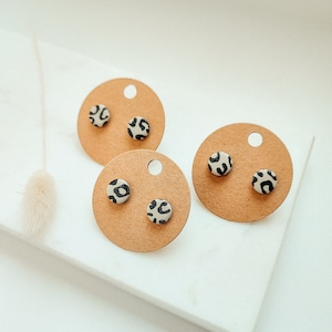 BLACK LEO Leopard Polymer Clay Stud Earrings, Handmade, Hypoallergenic, Statement Earrings, Beige, Black, 1 Pair