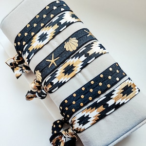 SUMMER-VIBES Boho bracelet, hair tie, hair band, ponytail holder, elastic bracelet, hair tie, black-gold with charm, set of 2