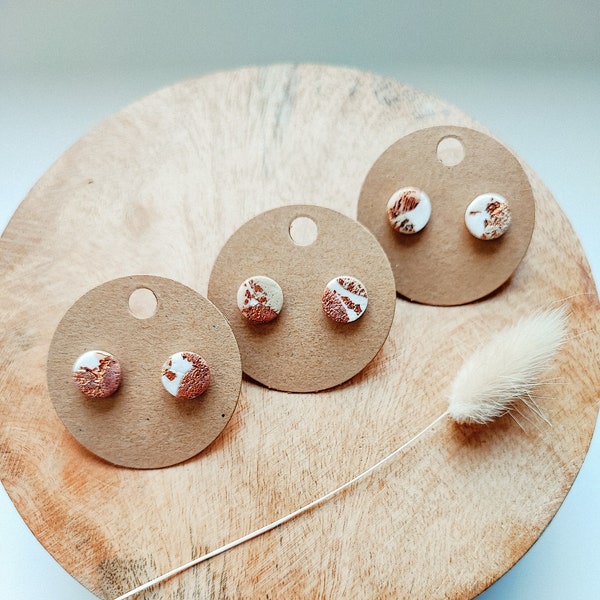 ROSE GOLD MARBLE Polymer Clay Stud Earrings, Handmade, Hypoallergenic, Statement Earrings, White, Rose Gold, 1 Pair