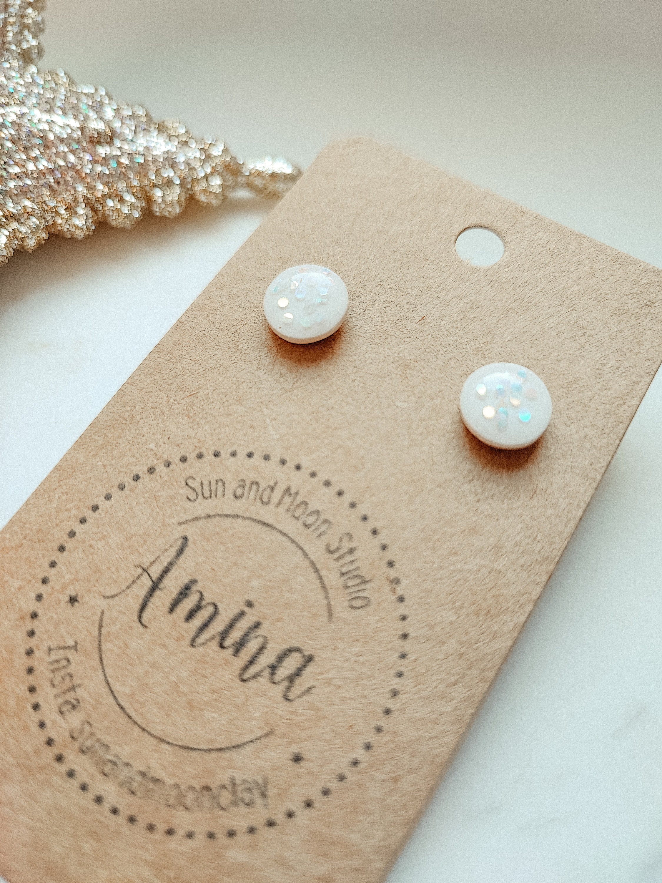 CONFETTI Polymer Clay Stud Earrings, Handmade, Hypoallergenic, Statement Earrings, White Glitter, 1 Pair