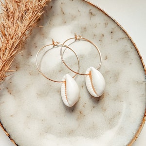 KAURI Hoop Earrings, Genuine Cowrie Shell, 18k Gold Plated, Minimalist, Hypoallergenic, Statement Earrings, Summer Earrings, Boho, Bohemian, 1 Pair