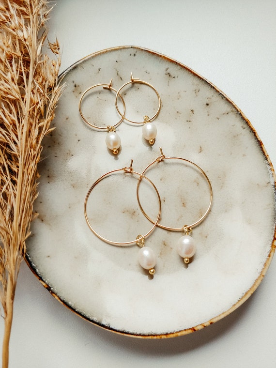 MOTHER OF PEARL Hoop Earrings Genuine Freshwater Pearl 18k Gold