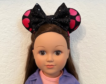 18 Inch Black/Red Heart Valentines Doll Minnie Ears | Valentines Day Disney Ears | Doll Ears | Doll Disney Ears