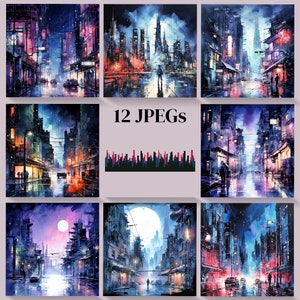 Watercolor Cyberpunk City Landscape Collection, Set of 12 JPEGs, Commercial License, Printable Digital Art