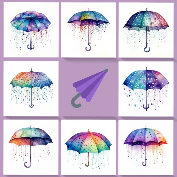 Aquarell Regenschirm Kollektion | 8 JPEGs | Digitale Drucke | Sofort Download | Kommerzielle Lizenz | Aquarell Clip Art | Regenschirm Drucke