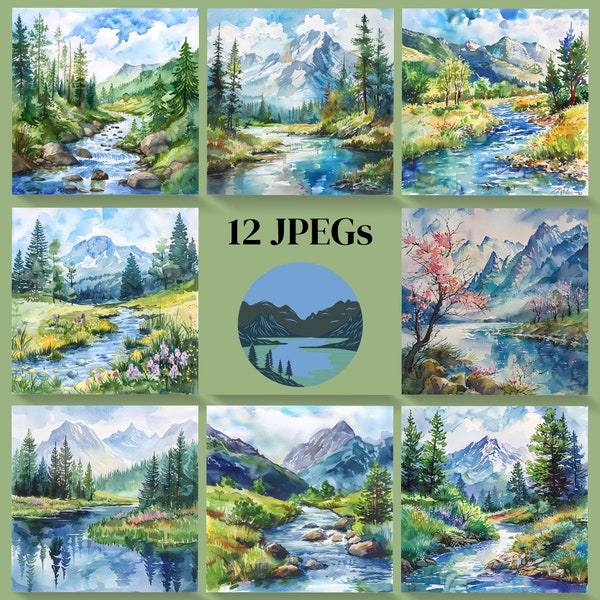 Mountain Spring Watercolor Scenery, 12 Digital JPEGs with Commercial License, Artistic Digital Download for Designers