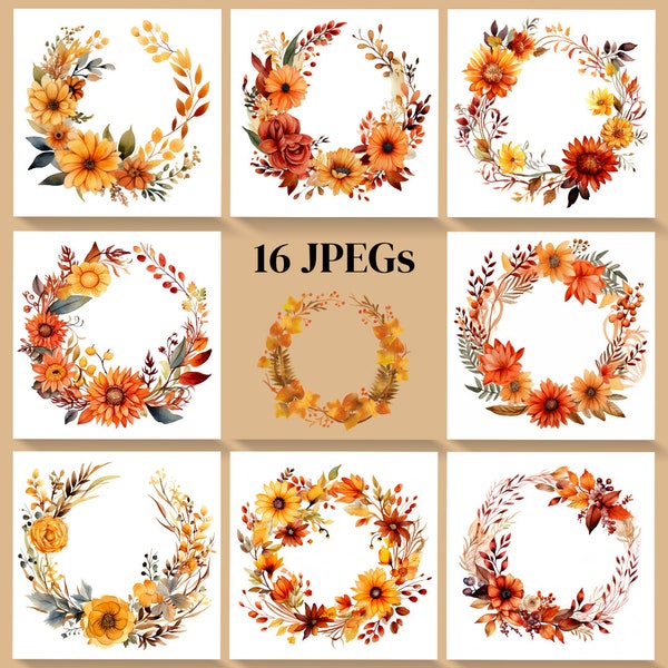 Watercolor Autumn Wreath Collection | Set of 16 JPEGs | Instant Download | Commercial License | Watercolor Printable Clip Art